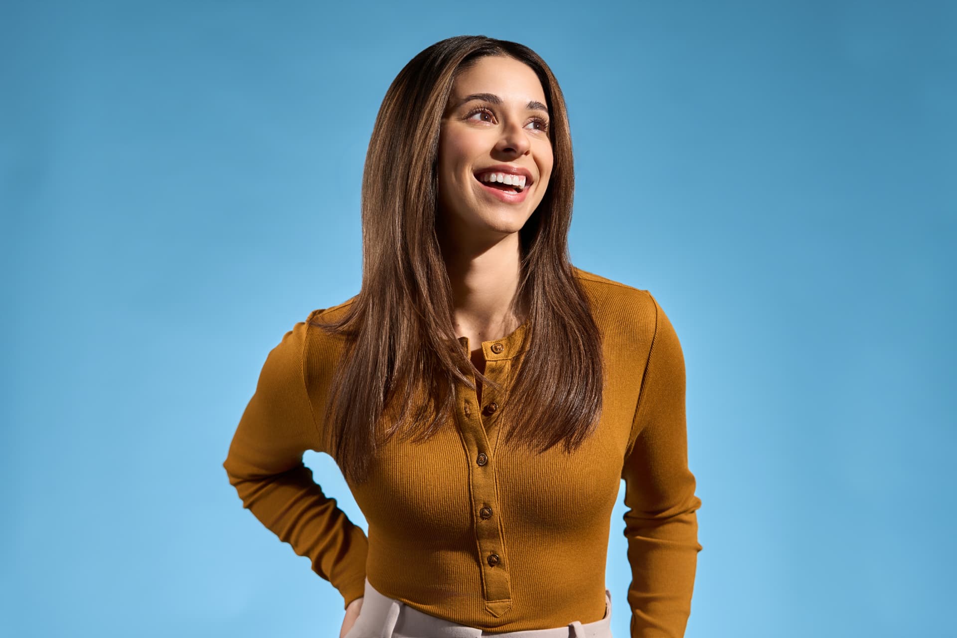Smiling guest with sleek, long straight hair