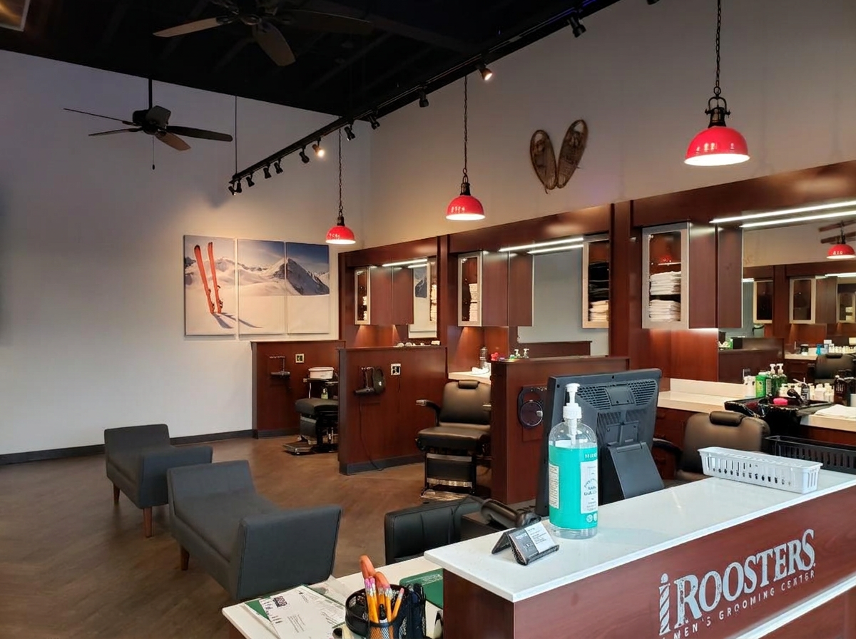 Roosters front desk and barber stations